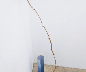 Sem título (deriva), técnica mista (ramos, lata, espuma de isolamento de tubos, papel fotográfico oleado), dimensões variáveis, 2025 // Untitled (drift), mixed media (branches, tin, pipe isolation foam, oiled photographic paper), dimensions variable, 2025