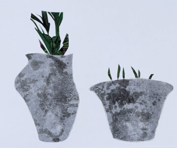 'Jarras 2.0', colagem (impressão invertida em papel de seda, cola, saco de nylon), 43 × 35 cm, 2023 // 'Jugs 2.0', collage (reversed print on silk paper, glue, nylon bag), 43 × 35 cm, 2023